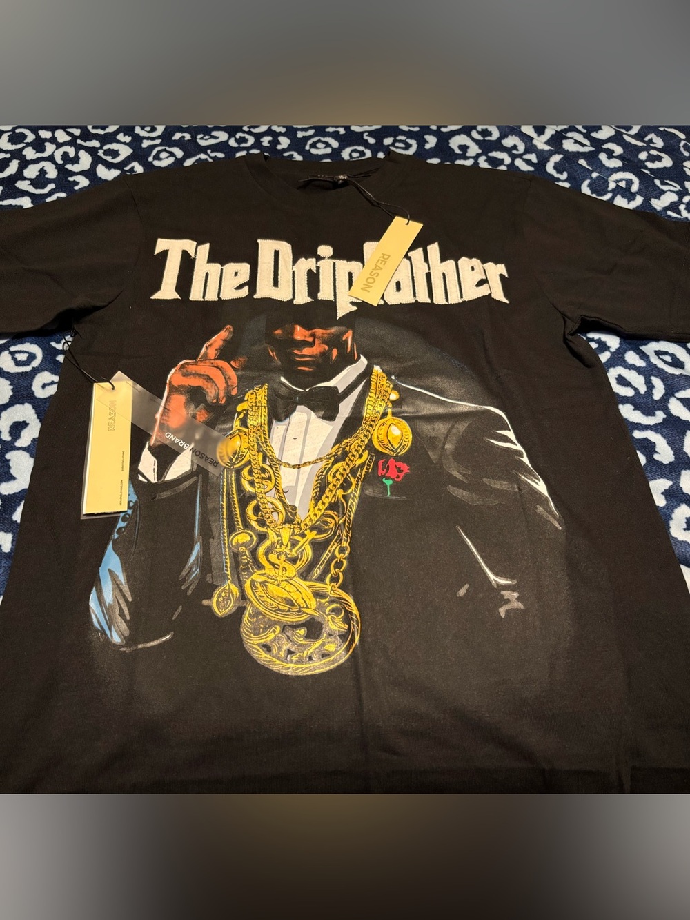 Reason Black 'The Dripfather' Graphic Tee with Gold Chain Art